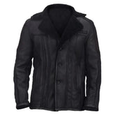 Veste en cuir d'agneau noir à col cranté et fourrure sherpa pour homme